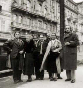 c. 1935, French and Czech surrealists in Prague - From left: André Breton, Jacqueline Breton, Karel Teige, Jindřich Štyrský, Toyen, and Paul Eluard.