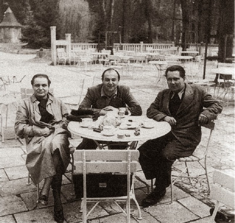 c. 1940, Toyen (as a woman again), Jindrich Heisler and Karel Teige in Prague. 