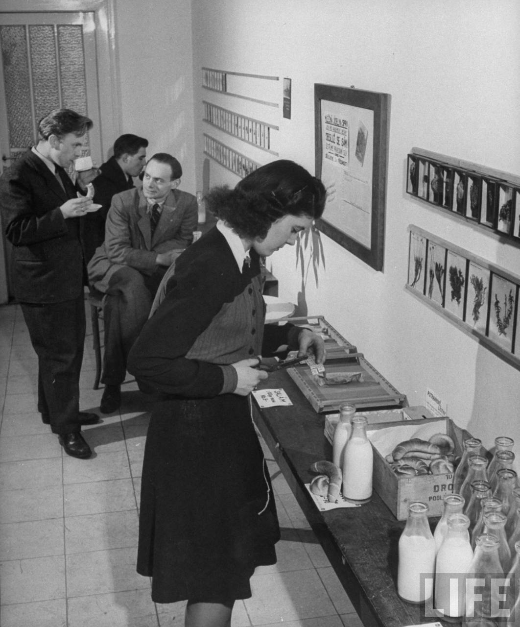 Charles University student clipping ration ticket for two bottles of milk and two rolls at cooperative milk bar run by the Science students.