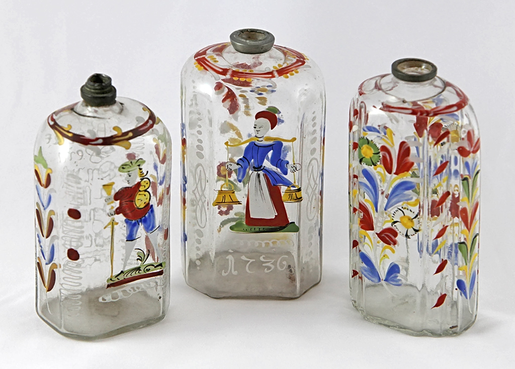 Three enamelled cellar flasks from the late 18th century