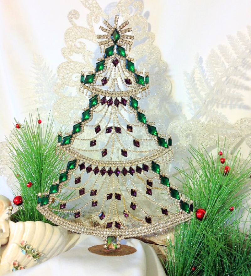 Astounding Double Sided Crystal Rhinestone Vintage Czech Christmas Tree Tabletop Holiday Decoration Vintage Rhinestone Tree