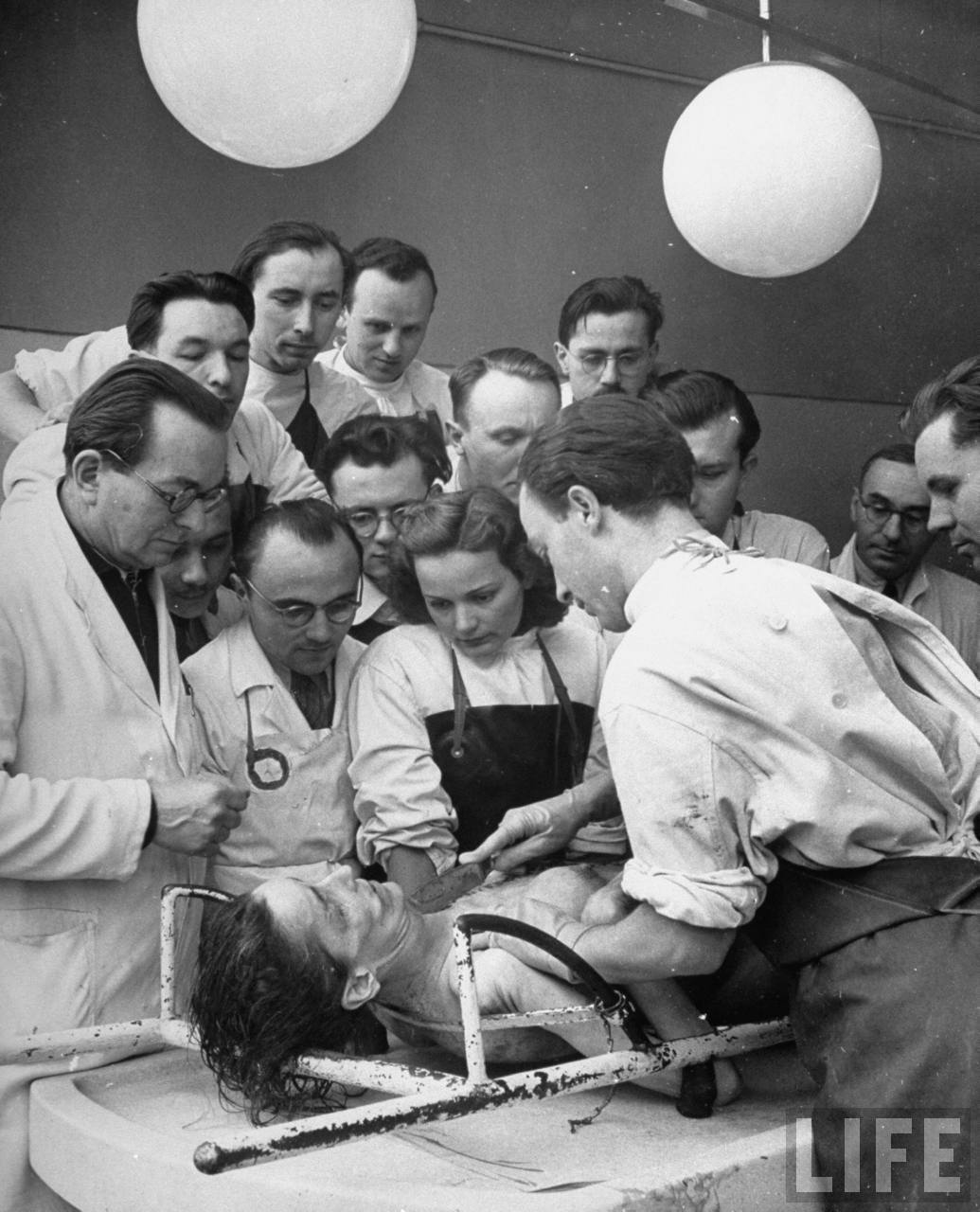 Charles University medical students attending post-mortem of a woman who died of cancer.