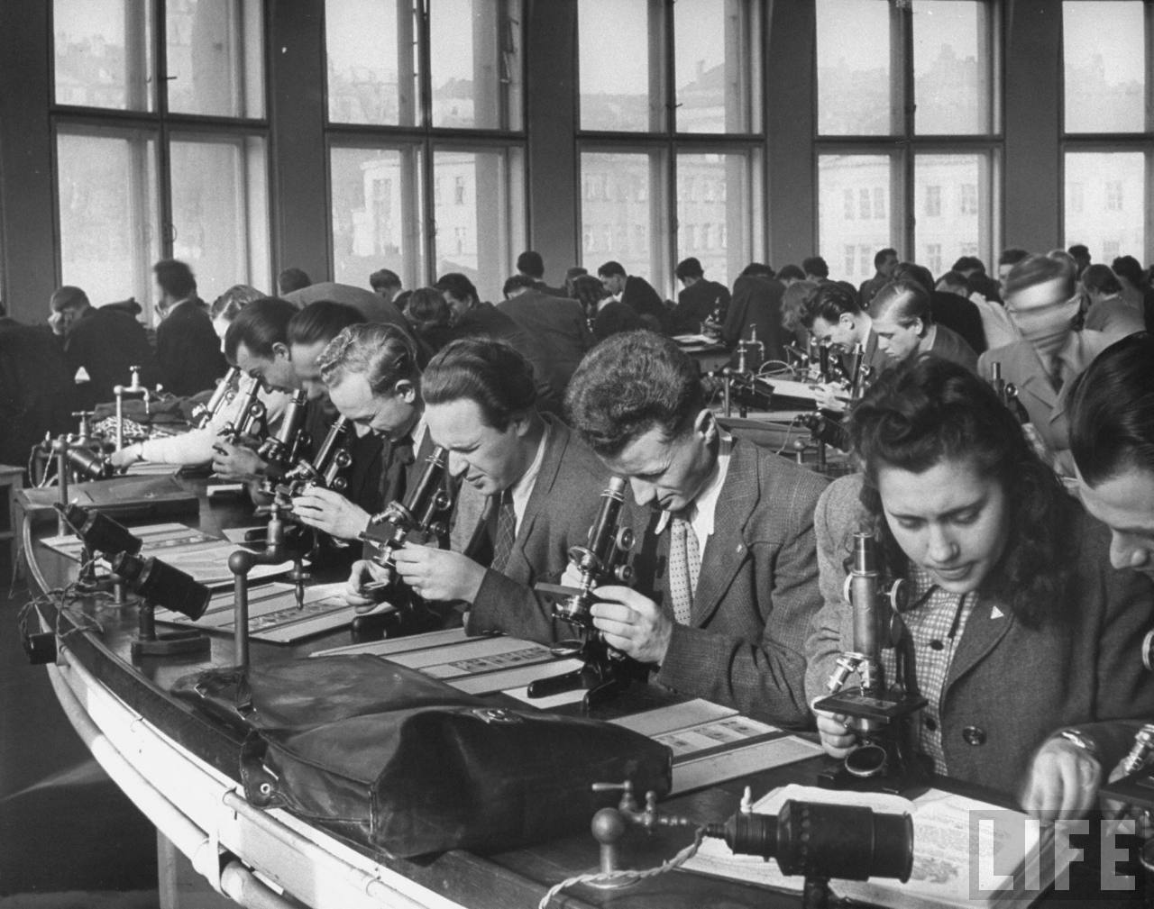 Charles University medical students in workroom making microscopic study of human tissue.