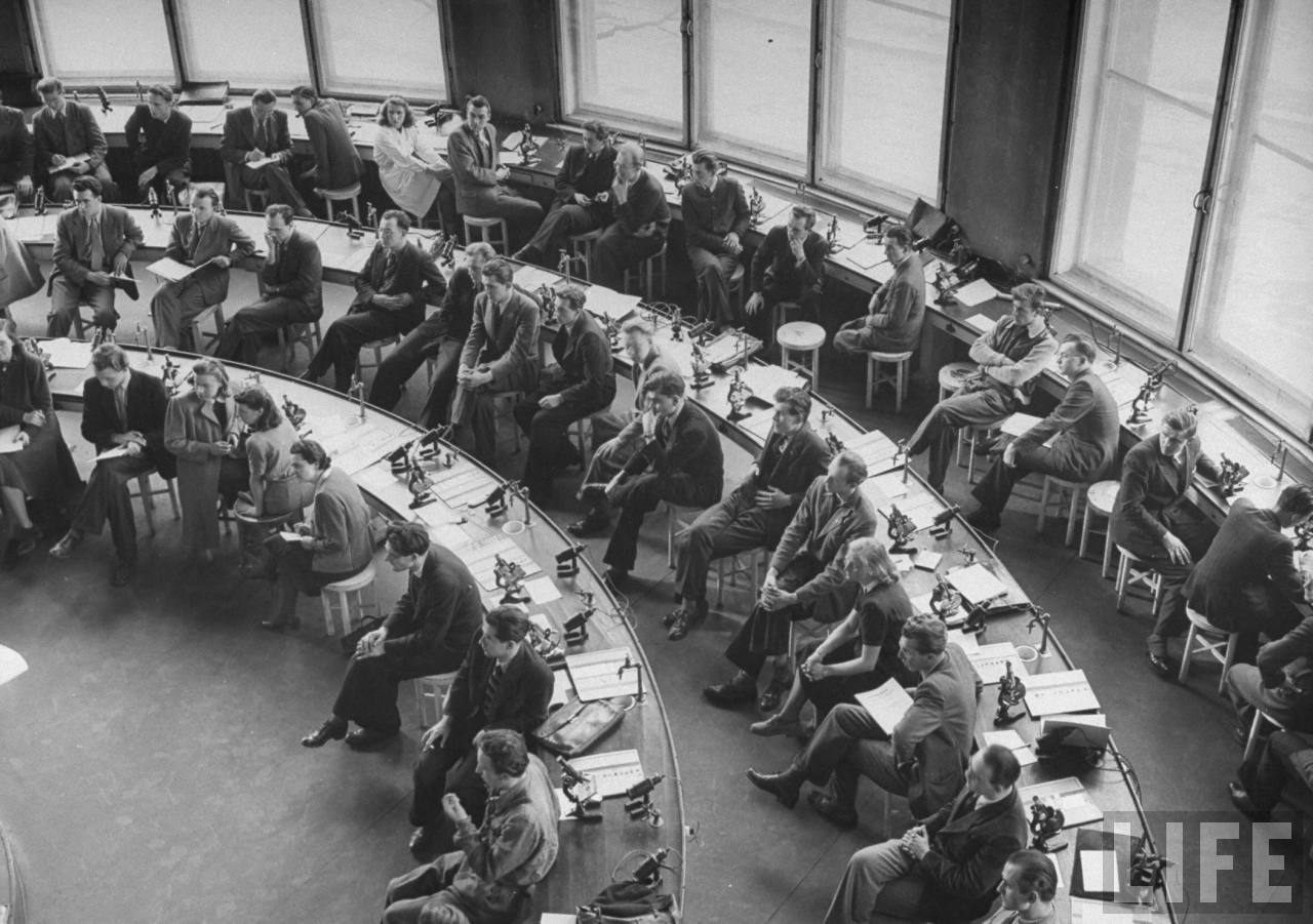 Medical students in workroom of Charles University.