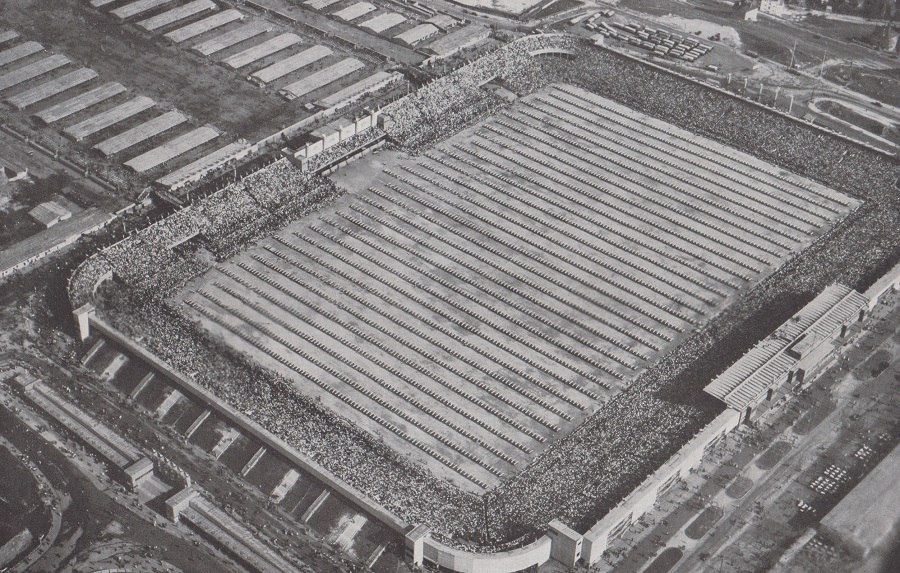 IN PERFECT UNISON, 16,000 SOKOLS DRILL AS COLUMNS OF 500 IN A PACKED PRAHA STADIUM. 