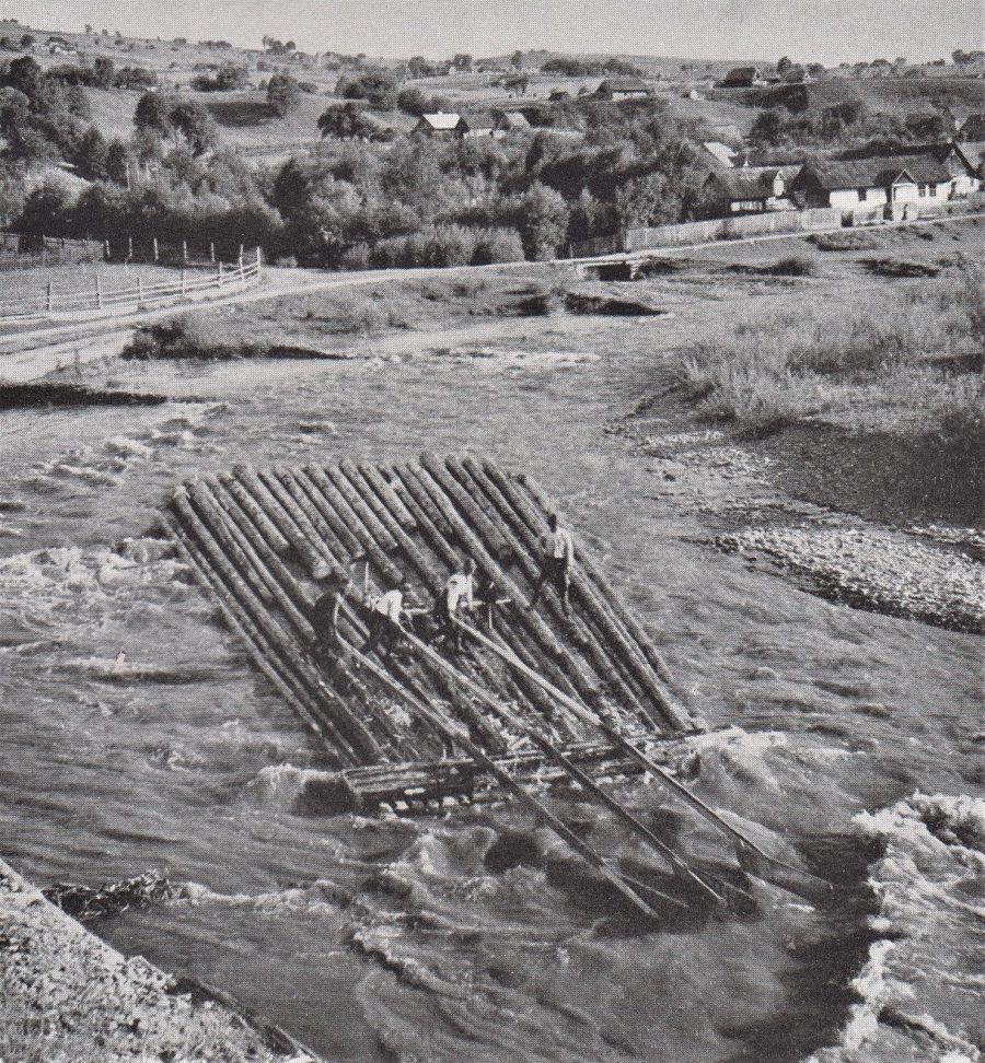 WITH OAR SWEEPS AHEAD, NOT ASTERN, RAFTSMEN KEEP TO THE CHANNEL.