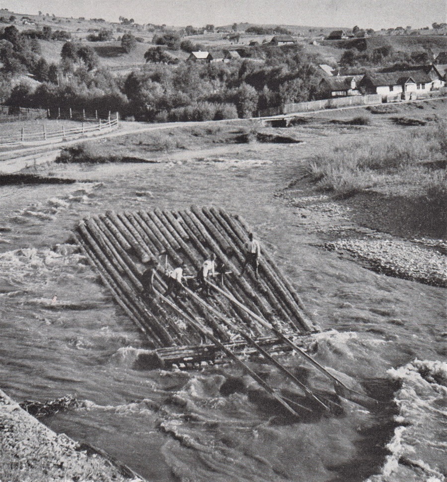 WITH OAR SWEEPS AHEAD, NOT ASTERN, RAFTSMEN KEEP TO THE CHANNEL. 